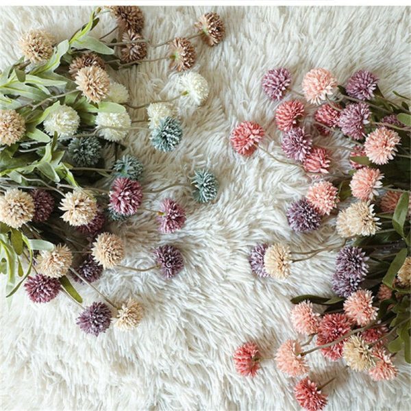 Dandelion Pompom Artificial Flowers Branch With Green Leaves