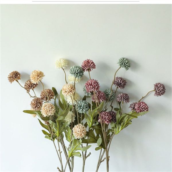 Dandelion Pompom Artificial Flowers Branch With Green Leaves