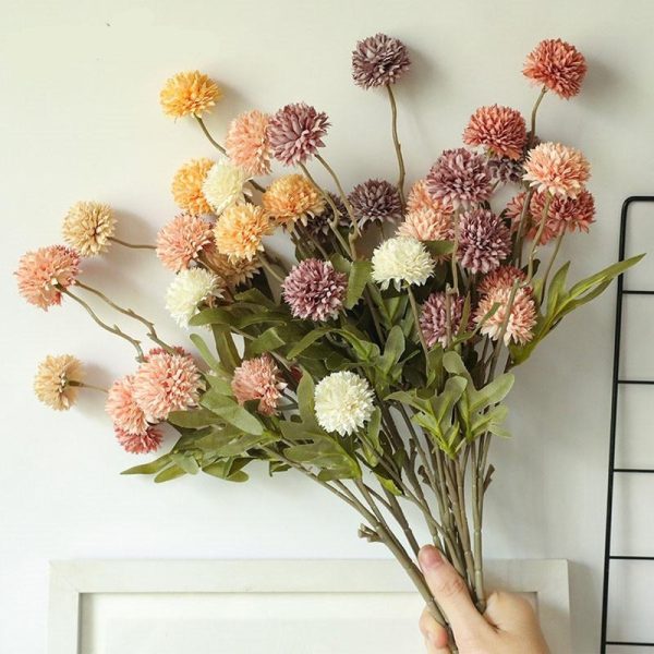 Dandelion Pompom Artificial Flowers Branch With Green Leaves