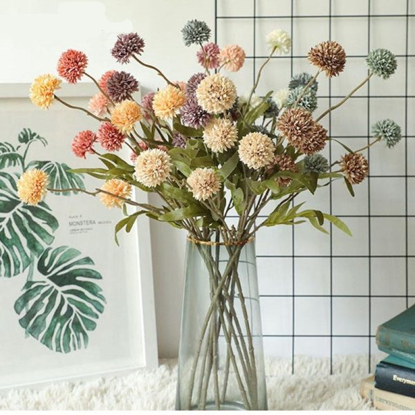 Dandelion Pompom Artificial Flowers Branch With Green Leaves