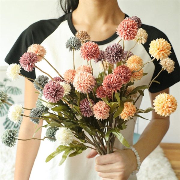 Dandelion Pompom Artificial Flowers Branch With Green Leaves