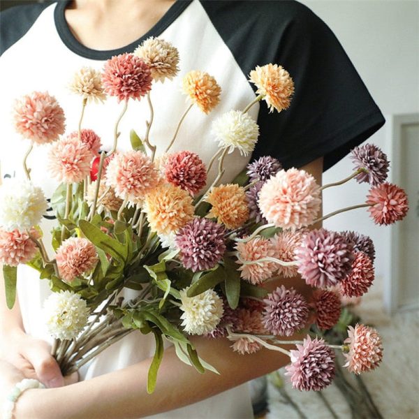 Dandelion Pompom Artificial Flowers Branch With Green Leaves
