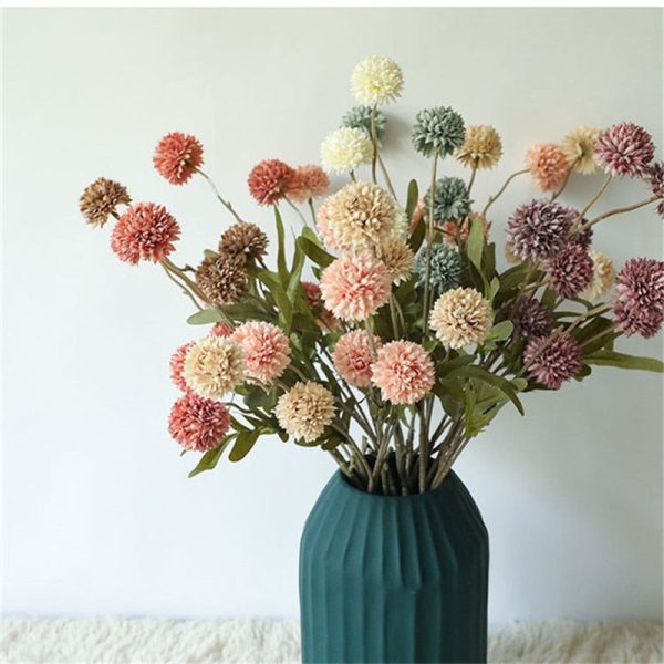 Dandelion Pompom Artificial Flowers Branch With Green Leaves