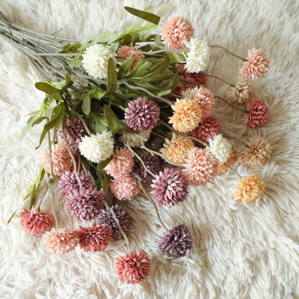Dandelion Pompom Artificial Flowers Branch With Green Leaves