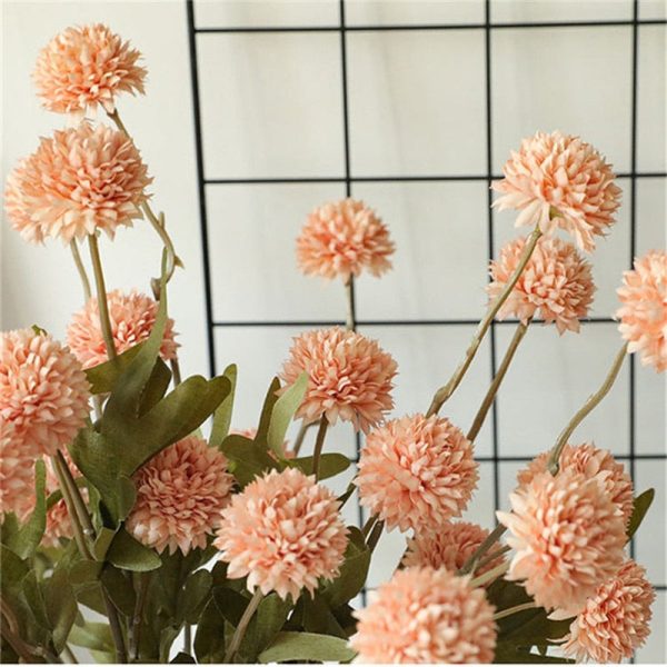 Dandelion Pompom Artificial Flowers Branch With Green Leaves