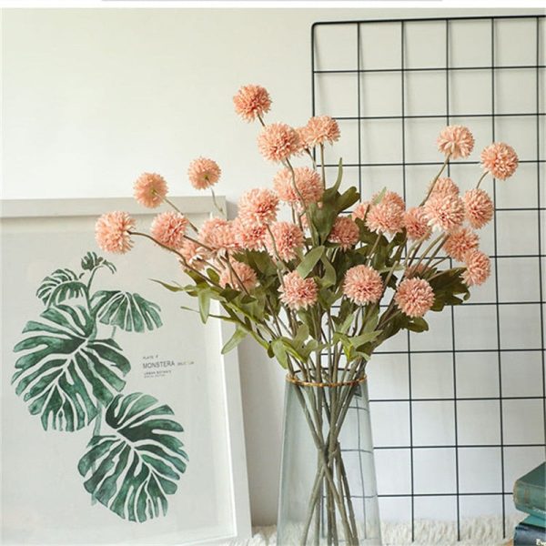Dandelion Pompom Artificial Flowers Branch With Green Leaves