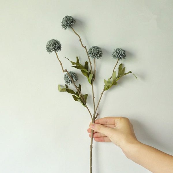 Dandelion Pompom Artificial Flowers Branch With Green Leaves