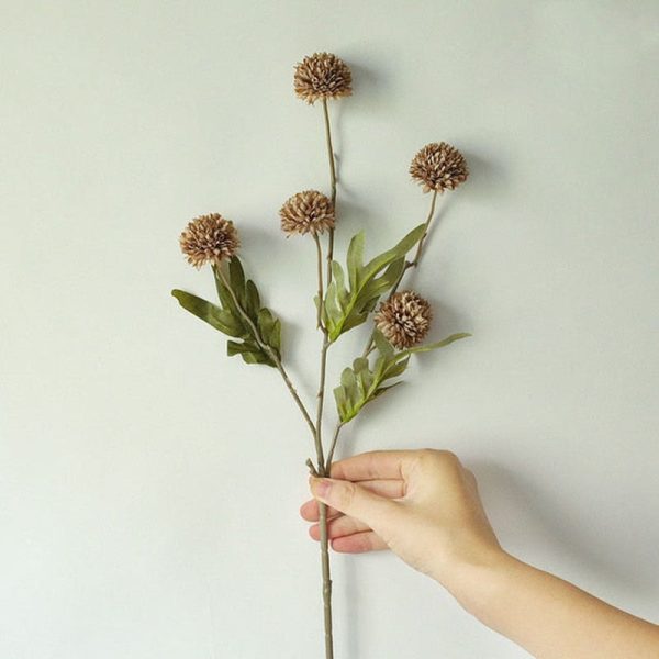 Dandelion Pompom Artificial Flowers Branch With Green Leaves