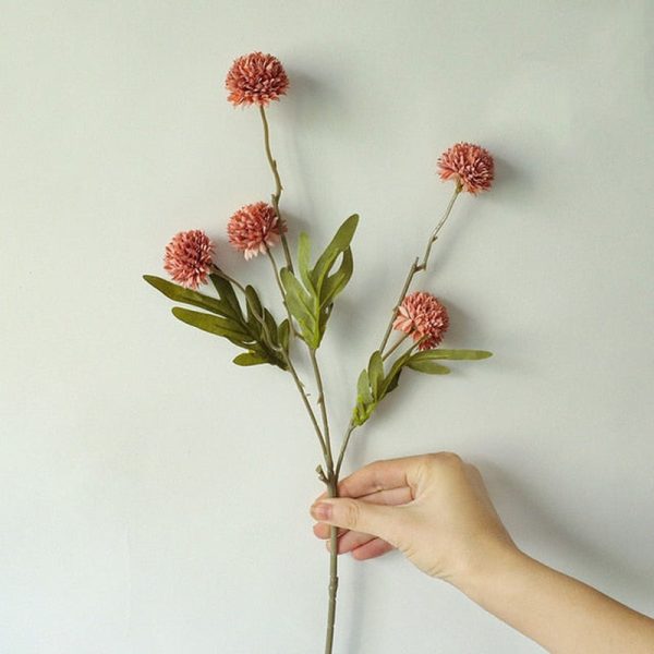 Dandelion Pompom Artificial Flowers Branch With Green Leaves