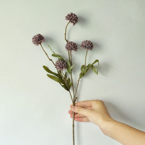 Dandelion Pompom Artificial Flowers Branch With Green Leaves