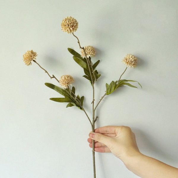Dandelion Pompom Artificial Flowers Branch With Green Leaves