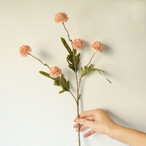Dandelion Pompom Artificial Flowers Branch With Green Leaves