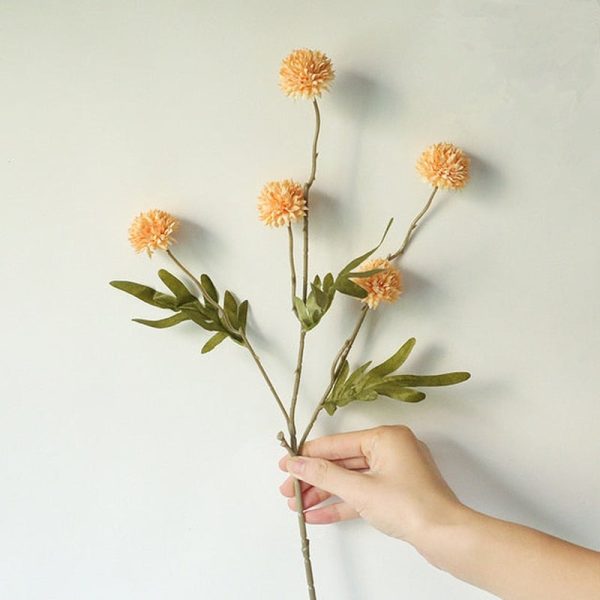 Dandelion Pompom Artificial Flowers Branch With Green Leaves