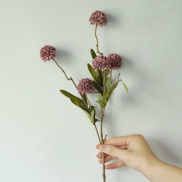 Dandelion Pompom Artificial Flowers Branch With Green Leaves