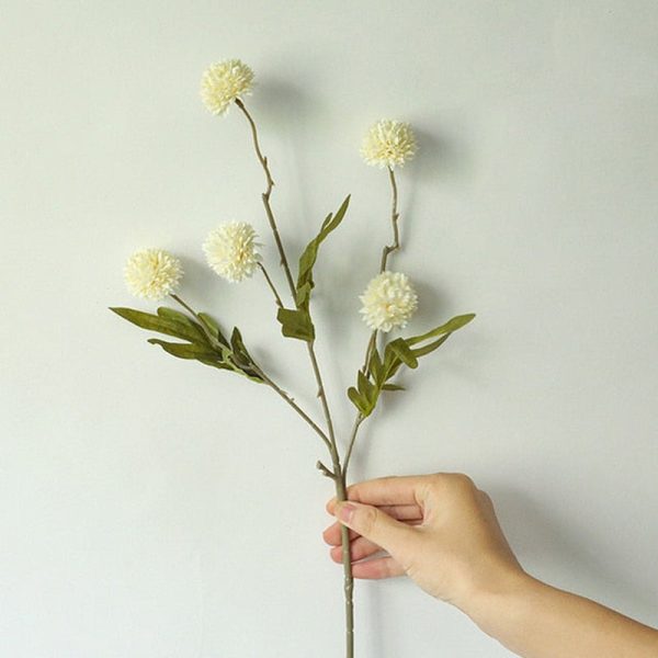Dandelion Pompom Artificial Flowers Branch With Green Leaves